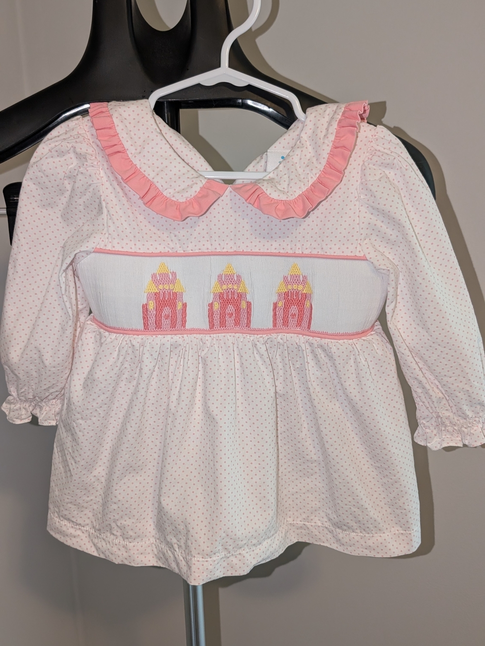 Stitchy Fish - Smocked Pink Polka Dot Dress with Disney Princess Castle